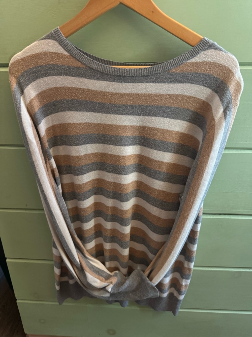 Worthington Petite XL Striped Sweater Tan Gray Cream Lightweight Long Sleeve